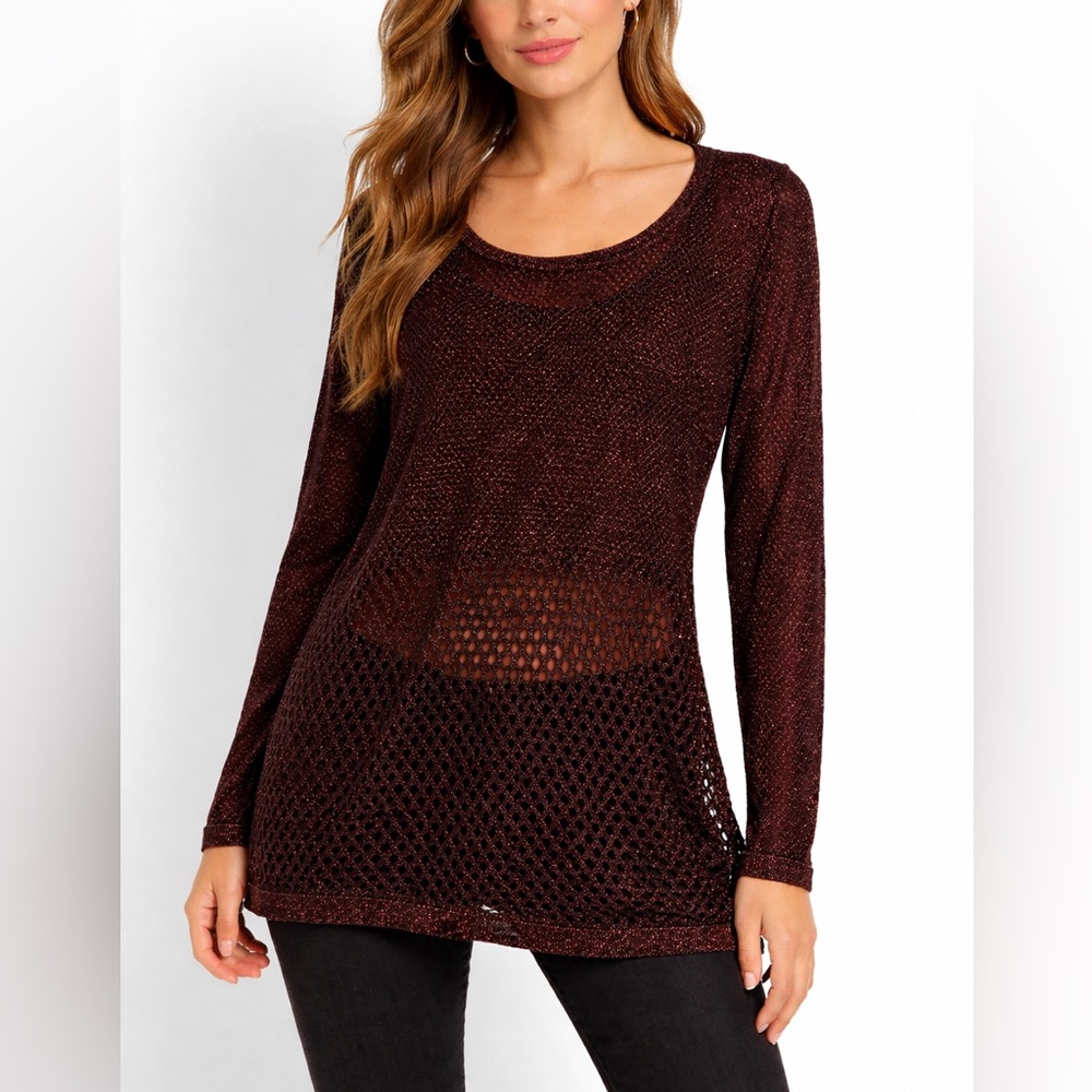 Rock & Republic Black Red Glitter Mesh Shirt Blouse long Sleeve Top XL